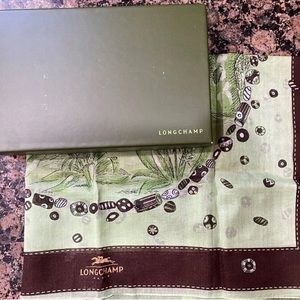 Vintage Longchamp Paris Scarf Green Brown Island Beach Scene Cotton with Box